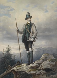 Portrait of the Young Emperor in Ischl Hunting Costume, Colored Lithograph by Kriehuber, 67 x 49 cm