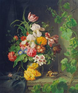 Flower Still Life with Sparrow and Vine