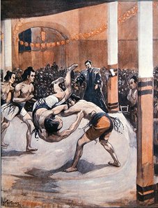Traditional Japanese Wrestling: Sumo Wrestlers Displaying Their Art at the Japanese Exhibition in London in 1910