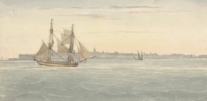 Single Brig (?) Another Sailing Vessel Against Outline of City on Background by Joseph Cartwright
