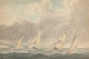 Two Sloops of War, One Barque and One Schooner in Heavy Seas; Several Sailing Vessels in Background