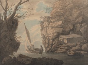 A Sailing Dinghy with Three Men Leaving a Rocky Inlet
