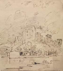 Castle with a Round Tower Above a River by Joseph Farington