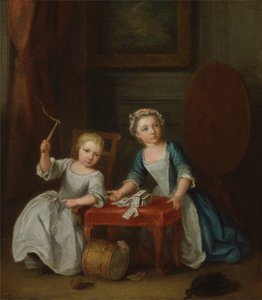 Two Children of the Nollekens Family, Probably Jacobus and Maria Sophia, Playing with a Top and Playing Cards, 1745 by Joseph Francis Nollekens