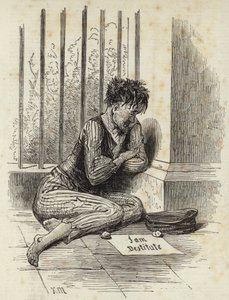 Beggar on the street with a sign reading I am Destitute by Joseph Kenny Meadows