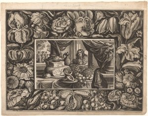 Still Life of Cheese and Fruit with Ornamental Border