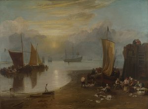 Sunrise in the Mist. Fishermen Gutting and Selling Fish