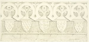 Gothic frieze and coats of arms in vestry room of Bristol Cathedral