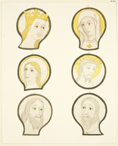 Six heads in stained glass windows south of choir in Bristol Cathedral