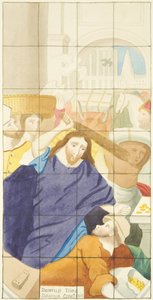 Stained glass window at east end of the south aisle of Bristol Cathedral showing buyers and sellers in the Temple by Joseph Manning