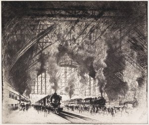 The Trains that Come, and the Trains that Go, Pennsylvania Railroad, Philadelphia, 1919 by Joseph Pennell