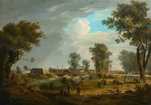 Scene from the Napoleonic Wars: Bridge in the Lobau with French Infantry