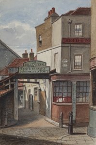 View of Bell Tavern, Addle Hill, showing sign for Reid and Companys celebrated stout, and a kerb post