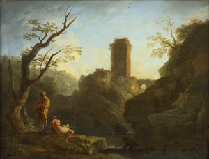 A Landscape with a Tree and Two Men, a Tower in the Background