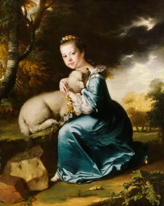 Portrait of Miss Frances Warren, kneeling full-length in a wooded park, wearing a blue dress and holding a lamb