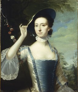 Portrait of a Lady by a Garland of Flowers, in a Landscape by Joseph Wright of Derby