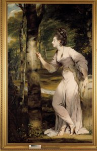 Full-length portrait of Mrs Lloyd: An elegant woman carves a name on a tree trunk in a romantic atmosphere by Joshua Reynolds