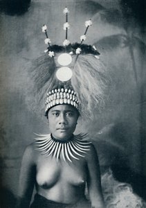 A Samoan woman wearing a collar of cachalots teeth and a ceremonial headdress