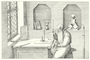 German goldsmith, artist and etcher Wenzel Jamnitzer in his studio by Jost (after) Amman