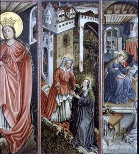 Visitation, centre right panel of polyptych by Jost (attr. to) Amman