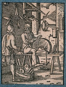 A Knife-Grinder Sharpening a Blade on a Grinding Wheel as a Customer Arrives with a Plane to be Sharpened by Jost Amman
