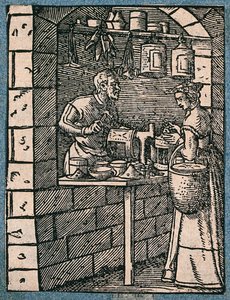 A Lantern Maker Working at His Bench, Talking to a Woman Customer Who Inspects a Finished Lantern by Jost Amman