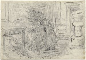 Interior with Woman Doing Needlework with Child by Jozef Israëls