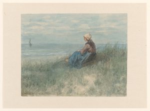 A Woman Sitting on a Dune Looking at the Sea by Jozef Israëls