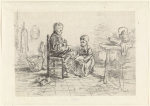 Kitchen Interior with Two Children by Jozef Israëls