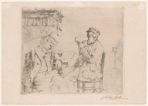 Two Drinking Men at a Table by a Fireplace by Jozef van Snick
