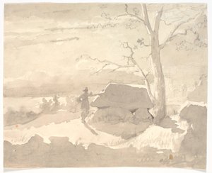 Landscape in Moonlight. A Hunter next to a Dolmen