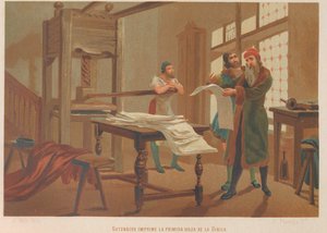 Gutenberg Prints the First Page of the Bible by Juan Planella y Rodríguez