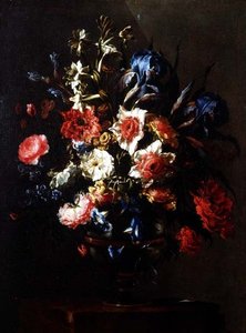 Irises, peonies, convolvuli and other flowers in an urn on a pedestal by Juan de Arellano