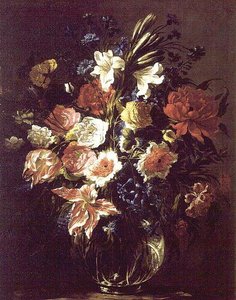 Lilies, Peonies, Tulips, Cornflowers and Other Flowers in a Glass Vase on a Pedestal by Juan de Arellano