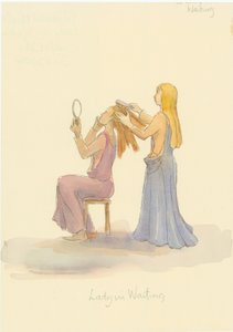 A medieval lady in waiting, brushing the hair of a lady, 2004 by Judith Dobie