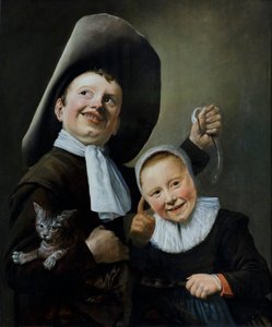 A boy and a girl with a cat and an eel