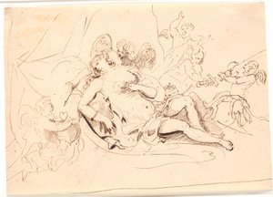 Resting Venus Figure, Surrounded by Six Putti Playing with Sword, Arrow, and Heart