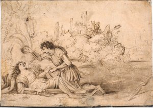 Kneeling Knight Tending to a Fallen Knight, Wounded in a Tournament; a Horse Seen from Behind to the Left, a Castle Ruin on a Hill in the Background by Jürgen Ovens
