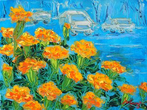 Marigolds and City Street by Jukyong Park