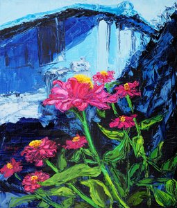 Pink Zinnias Blue Backdrop by Jukyong Park