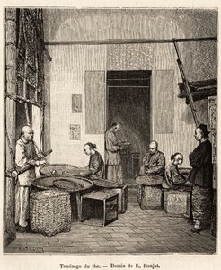 The screening of the gunpowder, to sort by sieves the granules according to their size and quality before the last drying that gives them their perfume, in a gunpowder factory in Fati Bay (Canton Province), engraving after a drawing by J. Ferat illustratin by Jules (after) Ferat