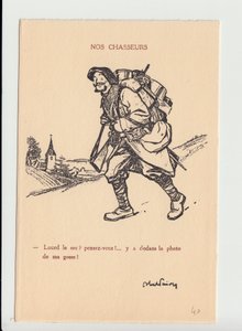 Postcard, Satirical in B&W, ca. 1915: Our Hunters - War of 14-18, Photography, Paternity, Jam of skull - Soldiers, Alpine Hunters