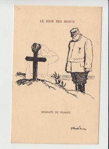 Postcard, Satirical in B & W, ca. 1915: Day of the Dead - War of 14-18, Mourning Funerals - Joffre, Soldiers