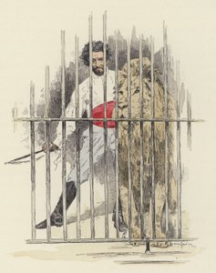 Lion and lion tamer in a cage by Jules Arsene (after) Garnier