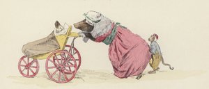 Pig pushing a dog in a pram, with a monkey behind