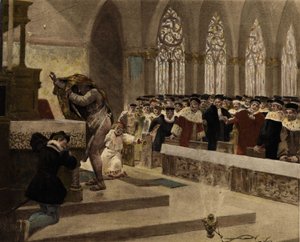 A Cordelier, trying to take off his dawn, shows his back at a mass for the Court before Panurge