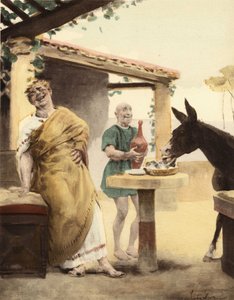 Philomenes Dying to Laugh at the Sight of Sycophagus Donkey Eating Figs While a Valet Brings Wine into an Amphora. Pantagruel. Illustration by Jules Garnier. In 