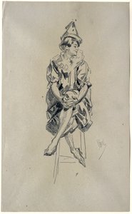 Seated Female Clown with Legs Crossed and Hands Clasped over Left Knee by Jules Cheret