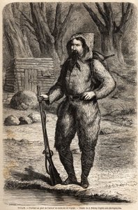 Portrait of Doctor Henri Barth, German explorer, in a travel suit. Drawing by Jules Pelcoq, to illustrate the journey of 1849-1855, to the center of Africa, by Dr. Henri Barth. Engraving in Le tour du monde, nouveau journal des voyages