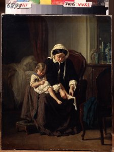 Morning toilette - A mother (or servant?) helping a child dress - Painting by Jules Treyer (1824-1908)